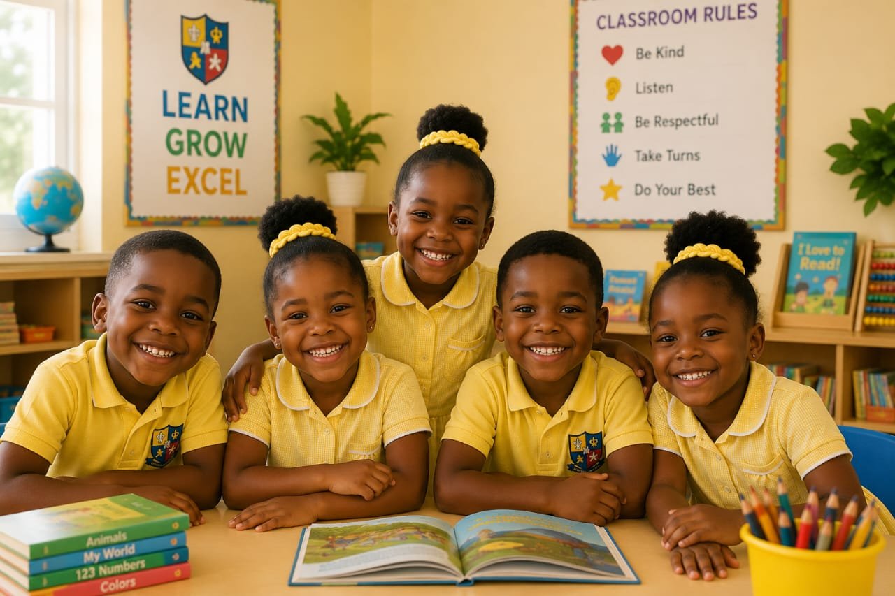 EBLIS pupils sitting together with books and colouring pencils at their desk